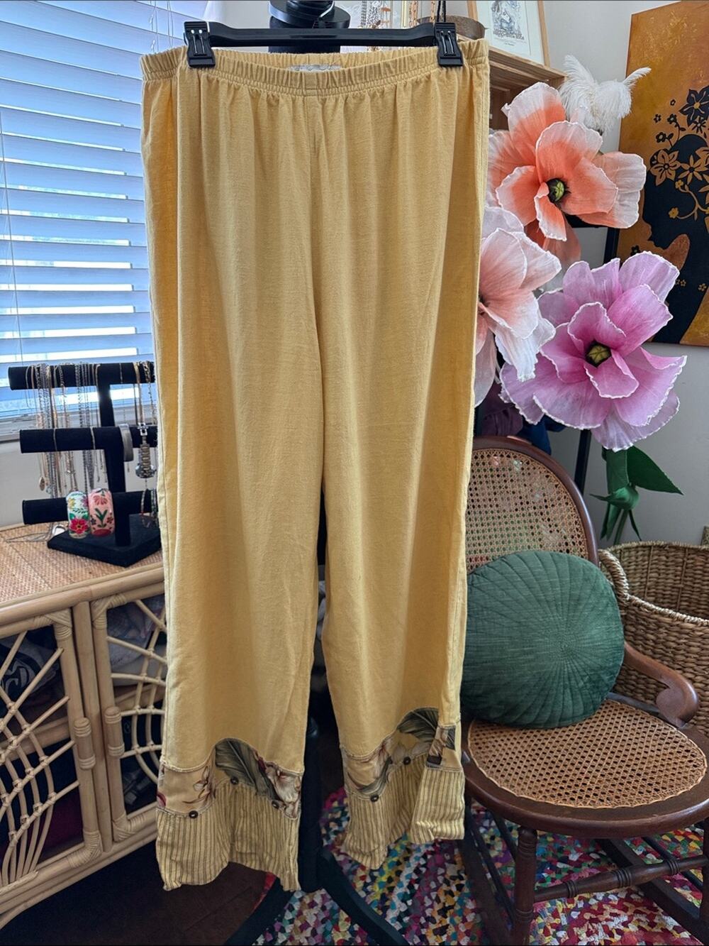 Vintage 90s/Y2K Studio G Sport Yellow Linen Blend Wide Leg Flowy Resort Pants